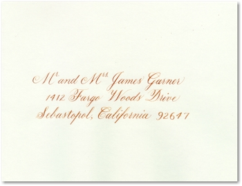 An envelope prepared for Candice Frembling and Richard Dykhuizen's wedding invitations, November 2005. (The name and address are fictitious, by the way.)